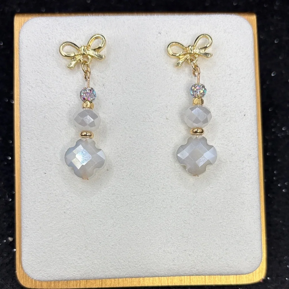 Gold Bow Opal Crystal Clover Earrings
